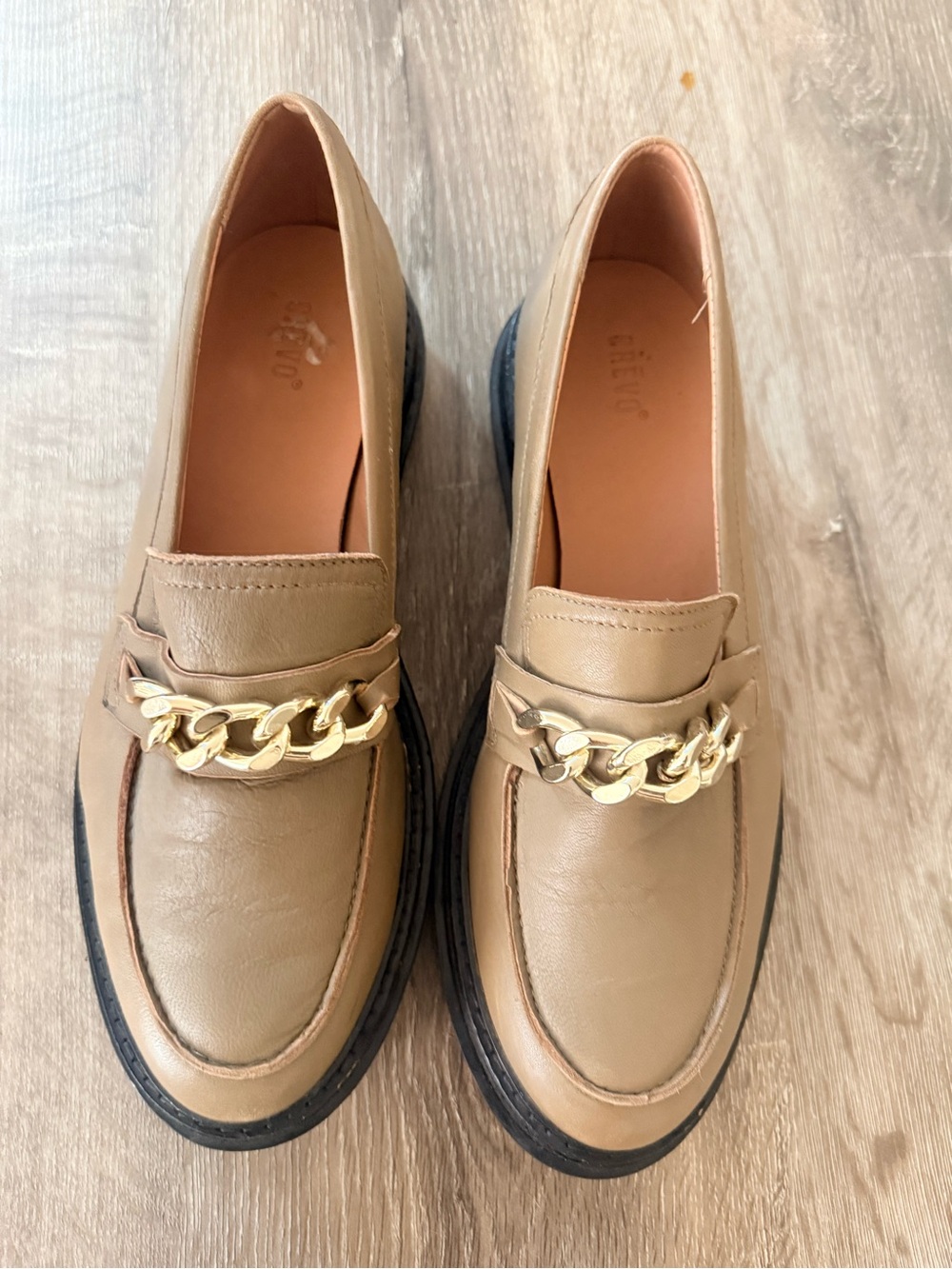 Crevo Taupe Loafers with Gold Chain Accent - Picture 2 of 5